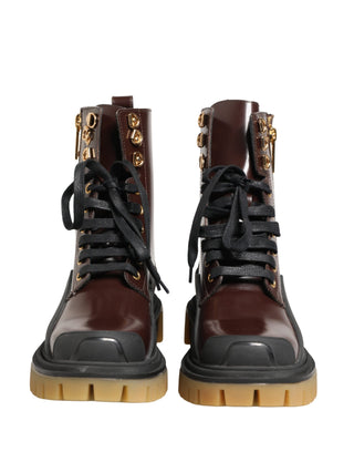 Maroon Leather Lace Up Biker Boots Shoes