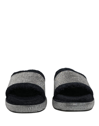 Black Crystal Embellished Platform Slides Shoes
