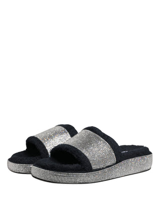 Black Crystal Embellished Platform Slides Shoes