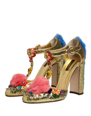 Gold Fur Trim Glitter T-strap Sandals Shoes