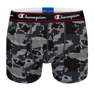 Camouflage-patterned boxer briefs with Champion branding on a white background