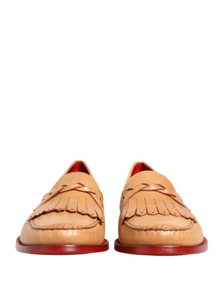 Zapatos mocasines beige para hombre de cuero con borlas, sin cordones