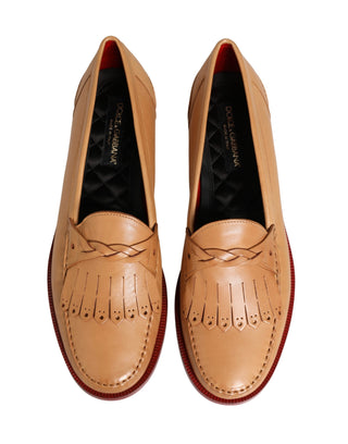 Zapatos mocasines beige para hombre de cuero con borlas, sin cordones