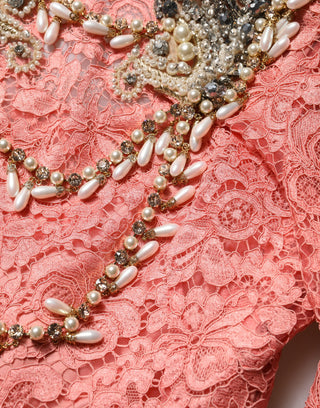Vestido sirena rosa de encaje adornado