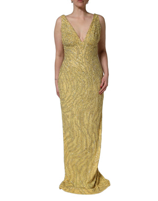 Vestido sirena dorado con escote en V y lentejuelas