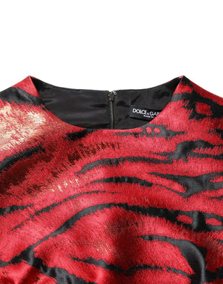 Red Black Tiger Print Jacquard Flared Dress