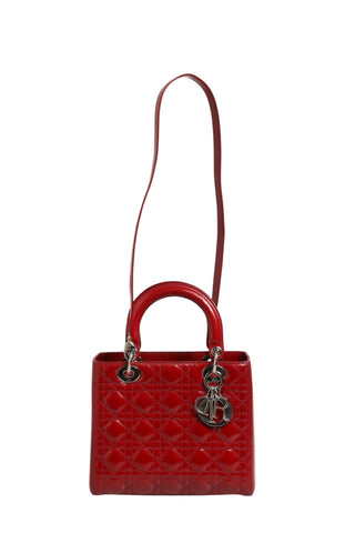Bolso pequeño Lady Dior de cuero charol cereza con acolchado Cannage  