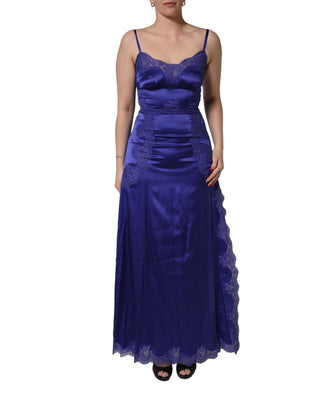 Vestido azul sin mangas con falda en línea A y ribete de encaje  