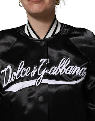 Black Satin Floral Embroidery Bomber Jacket