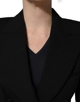 Chaqueta negra de lana cruzada con mangas de encaje  