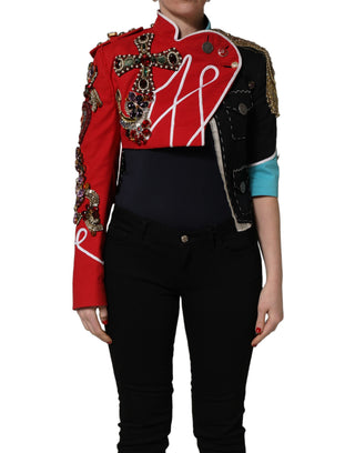 Chaqueta corta asimétrica multicolor con joyas ornamentales  