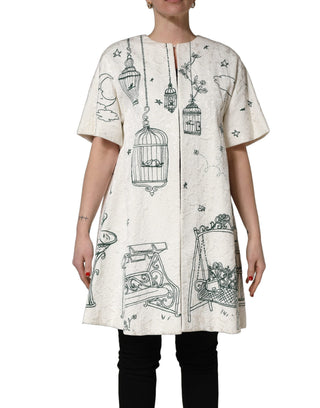 White Jacquard Garden Print Coat Jacket