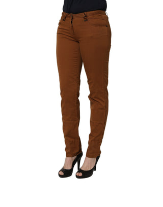 Brown Cotton Mid Waist Skinny Chino Pants