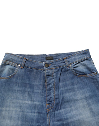 Blue Washed High Waist Wide Leg Denim Cotton Stretch Jeans