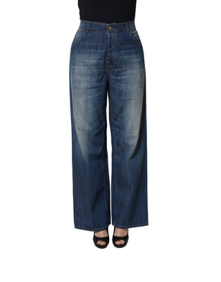 Blue Washed High Waist Wide Leg Denim Cotton Stretch Jeans