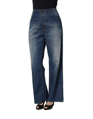 Blue Washed High Waist Wide Leg Denim Cotton Stretch Jeans