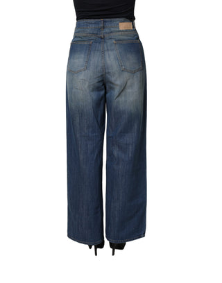 Blue Washed High Waist Wide Leg Denim Cotton Stretch Jeans