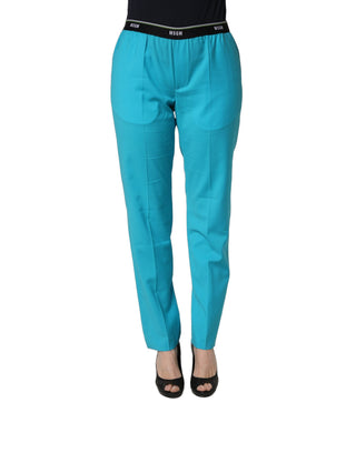 Blue Wool Mid Waist Tapered Women Trouser Pants