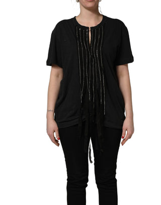 Camiseta de algodón de manga corta con cadena negra adornada