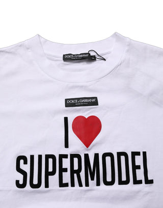 White I Love Supermodel Cotton Crew Neck T-shirt