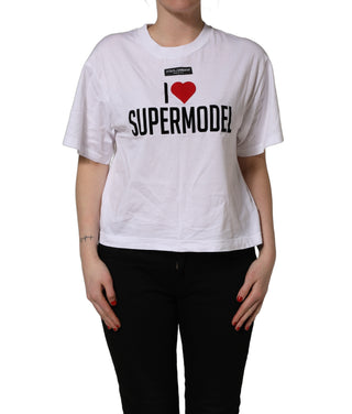 White I Love Supermodel Cotton Crew Neck T-shirt