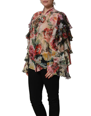 Multicolor Floral Tie-Neck Silk Chiffon Blouse Top