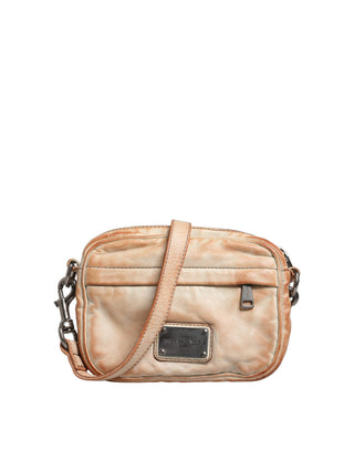 Bolso bandolera beige vintage de cuero con placa de logo para hombre