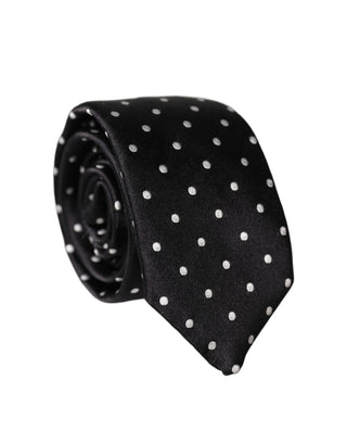 Corbata ajustable para hombre de seda negra con lunares blancos