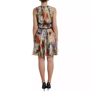 Vestido corto A-line sin mangas beige con estampado floral