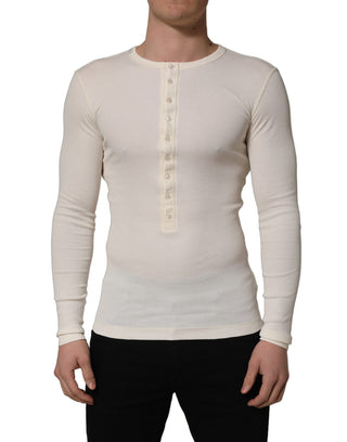 White Long Sleeves Henley Pullover Sweater