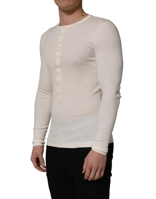White Long Sleeves Henley Pullover Sweater