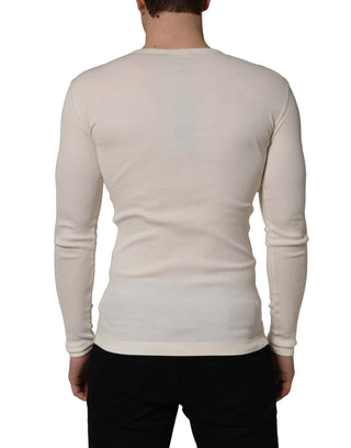 White Long Sleeves Henley Pullover Sweater