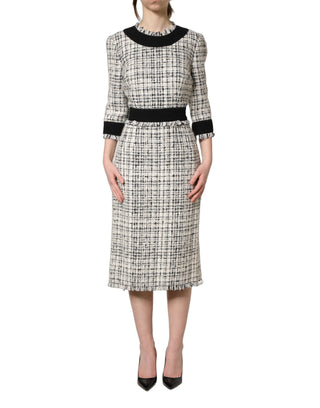 Black White Tweed Sheath A-line Midi Dress