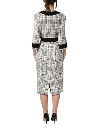 Black White Tweed Sheath A-line Midi Dress