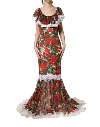 Vestido maxi de encaje con flores de geranio multicolor