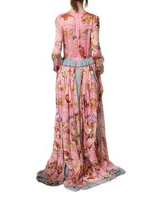 Light Pink Bread Print Pleated Maxi Dress