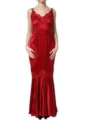 Red Silk Sleeveless Maxi Long Lace Trim Dress
