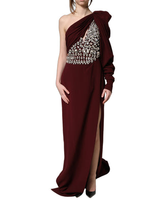 Vestido de noche de un solo hombro con cristales granate  