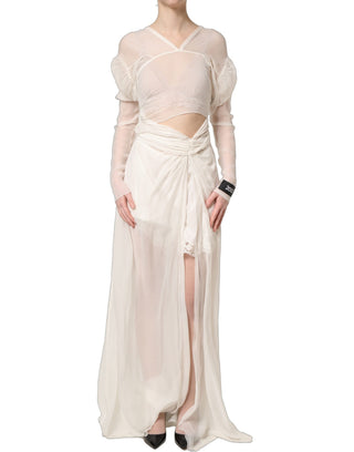 Vestido largo blanco de seda con drapeado transparente  