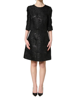 Black Floral Jacquard Flared A-line Dress