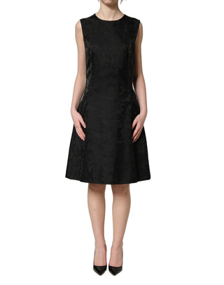 Black Floral Jacquard Sleeveless A-line Dress
