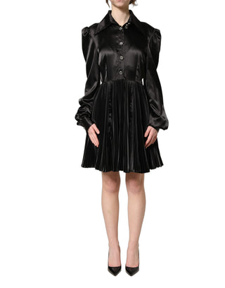Black Satin Long Puff Sleeves Pleated Dress