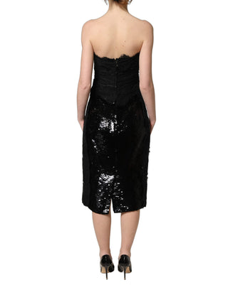 Black Strapless Red Rose Sequined Midi Dress