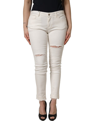 White Tattered Skinny Cotton Denim Jeans