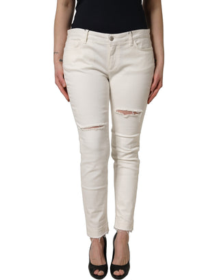 White Tattered Skinny Cotton Denim Jeans