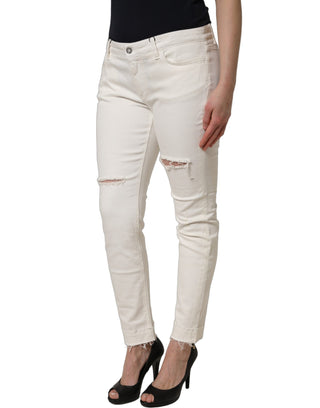White Tattered Skinny Cotton Denim Jeans