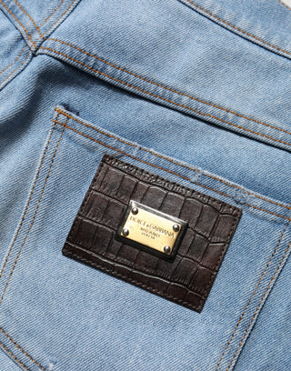 Blue Distressed Pleated Cotton Denim Jeans