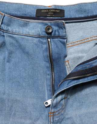 Blue Distressed Pleated Cotton Denim Jeans