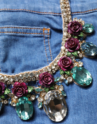 Blue Cotton Embellished BermudaDenim Shorts