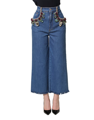 Blue Embellished Wide Cropped Denim Jeans